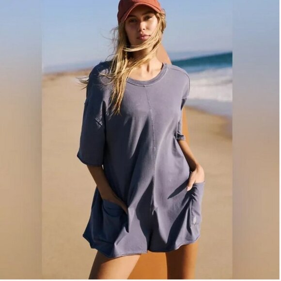 NWT Free People Hot Shot Tee Romper Misty Blue XS NEW NWT - Picture 1 of 9